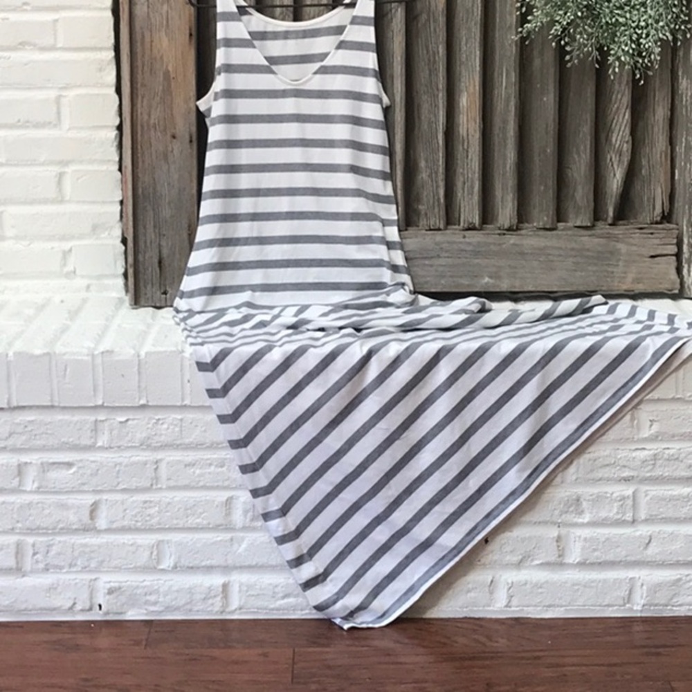 Garnet Hill Tank Maxi Dress in Grey/White Stripe